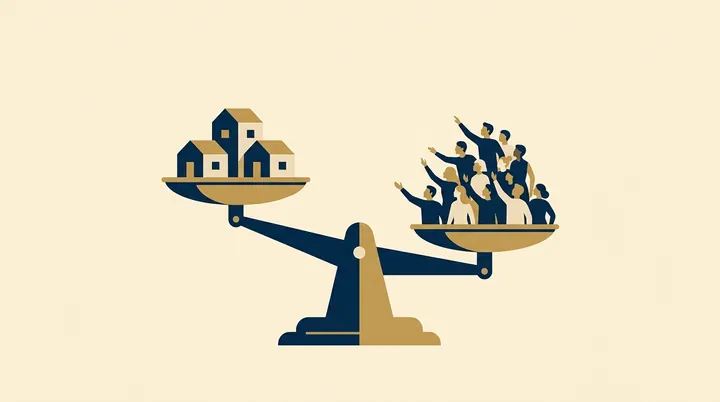 A balance scale weighing homes against interested buyers