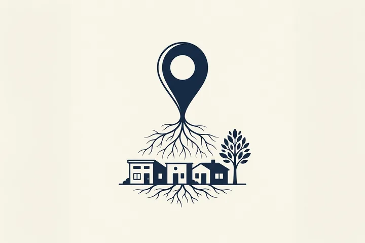A map pin with roots growing down into a row of neighborhood houses