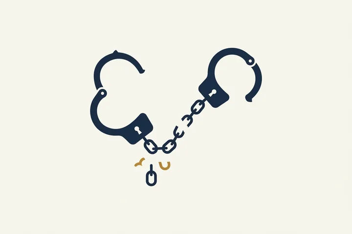 A pair of handcuffs falling open, a broken link dropping away